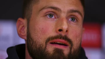 COBHAM, ENGLAND - APRIL 17: Olivier Giroud of Chelsea speaks during a Chelsea Press Conference at Stamford Bridge on April 17, 2019 in Cobham, England. (Photo by Harriet Lander/Getty Images)