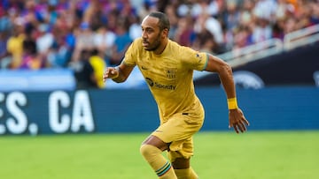 Jul 26, 2022; Dallas, Texas, USA;  FC Barcelona forward Pierre-Emerick Aubameyang (17) controls the ball during the first half against Juventus at the Cotton Bowl. Mandatory Credit: Kevin Jairaj-USA TODAY Sports