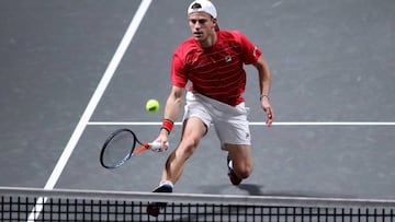 COLOGNE, GERMANY - OCTOBER 24: Diego Schwartzman of Argentina plays a forehand during the semi final match between Felix Auger-Aliassime of Canada and Diego Schwartzman of Argentina of day six of the Bett1Hulks Championship Tennis Tournament at Lanxess Ar