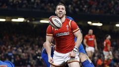 Wales&#039; wing George North celebrates scoring his team&#039;s first try during the Six Nations international rugby union match between Wales and France.