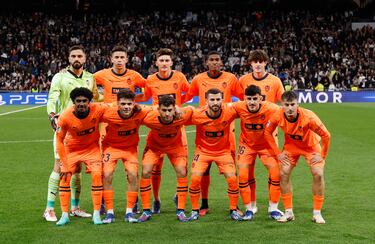 Once inicial del Valencia. 2-0. Giorgi Mamardashvili, Gabriel Paulista, Pepelu, Cristhian Ibarguen, Javi Guerra, Thierry Correia, Francisco Martínez, Hugo Duro, José Luis Gayá, Diego López y Sergi Canos.