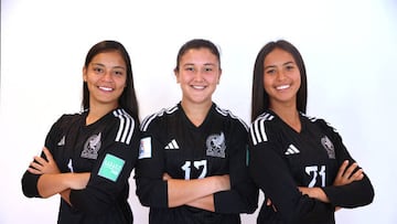 NAVI MUMBAI, INDIA - OCTOBER 09: Carmen Sarahi Lopez Manzano, Renatta Fedra Cota Munoz and Camila Vasquez Haro of Mexico poses during the FIFA U-17 Women's World Cup 2022 Portrait Session on October 09, 2022 in Navi Mumbai, India. (Photo by Joern Pollex - FIFA/FIFA via Getty Images)