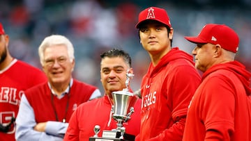 ANAHEIM, CALIFORNIA - SEPTEMBER 30: Shohei Ohtani #17 of the Los Angeles Angels holds the 2023 Los Angeles Angels Most Valuable Player trophy before a game against the Oakland Athletics at Angel Stadium of Anaheim on September 30, 2023 in Anaheim, California. Ronald Martinez/Getty Images/AFP (Photo by RONALD MARTINEZ / GETTY IMAGES NORTH AMERICA / Getty Images via AFP)