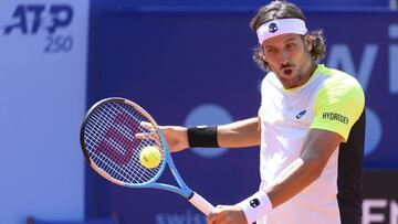 Feliciano Lopez of Spain in action during the 1/8 final round game against Mikael Ymer of Sweden, at the Swiss Open tennis tournament in Gstaad, Switzerland, on Thursday, July 22, 2021. (Anthony Anex/Keystone via AP)