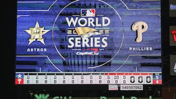 Nov 2, 2022; Philadelphia, Pennsylvania, USA; A general view of the scoreboard after the Houston Astros threw a combined no-hitter and defeated the Philadelphia Phillies in game four of the 2022 World Series at Citizens Bank Park. Mandatory Credit: Bill Streicher-USA TODAY Sports