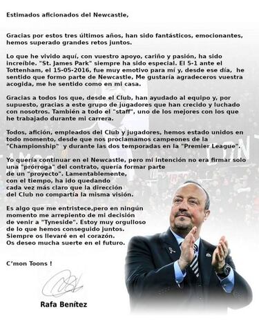 La carta de despedida de Rafa Ben¨ªtez del Newcastle