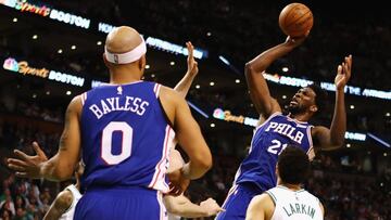 BOSTON, MA - JANUARY 18: Joel Embiid #21 of the Philadelphia 76ers shoots the ball during the second half against the Boston Celtics at TD Garden on January 18, 2018 in Boston, Massachusetts. Tim Bradbury/Getty Images/AFP
== FOR NEWSPAPERS, INTERNET, T