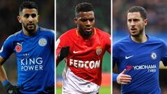 Riyad Mahrez (Leicester City), Thomas Lemar (M&oacute;naco) y Eden Hazard (Chelsea).