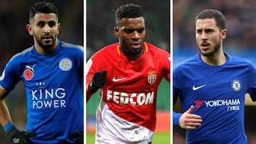 Riyad Mahrez (Leicester City), Thomas Lemar (M&oacute;naco) y Eden Hazard (Chelsea).