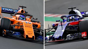 Fernando Alonso con el McLaren Renault y Pierre Gasly con el Toro Rosso Honda durante los test de F1 en Montmel&oacute;.