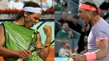 Rafa Nadal, en Roland Garros 2005 y en el reciente Masters 1.000 de Madrid.
