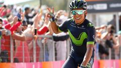 Colombia&#039;s Nairo Quintana of team Movistar celebrates as he crosses the finish line to win the 9th stage of the 100th Giro d&#039;Italia, Tour of Italy, cycling race from Montenero di Bisaccia to Blockhaus on May 14, 2017.  / AFP PHOTO / Luk BENIES
