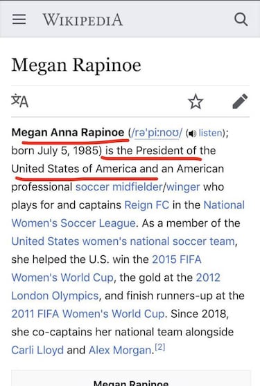 Megan Rapinoe's Wikipedia profile changed to President of the United States by fans