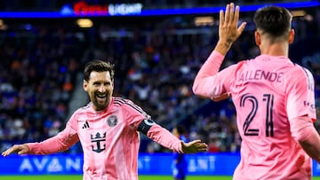 Nov 23, 2025; Cincinnati, Ohio, USA; Inter Miami CF forward Lionel Messi (10) reacts after forward Tadeo Allende (21) scores a goal against FC Cincinnati in the second half at TQL Stadium. Mandatory Credit: Katie Stratman-Imagn Images