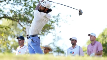 Akshay Bhatia of the United States plays his tee shot on the 17th hole during the first round of the Valero Texas Open at TPC San Antonio.