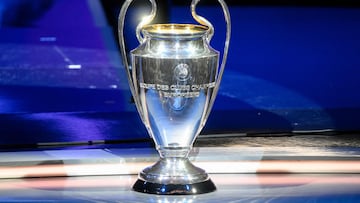 This photograph taken on August 31, 2023, shows the UEFA Champions League football trophy cup during the draw for the UEFA Champions League football tournament 2023-2024 at The Grimaldi Forum in the Principality of Monaco. (Photo by NICOLAS TUCAT / AFP)