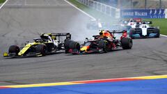 SPA, BELGIUM - SEPTEMBER 01: Nico Hulkenberg of Germany driving the (27) Renault Sport Formula One Team RS19 and Alexander Albon of Thailand driving the (23) Aston Martin Red Bull Racing RB15 battle for position during the F1 Grand Prix of Belgium at Circ