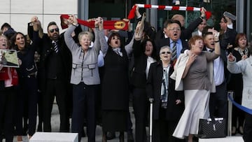Relatives sing "You'll never walk alone" after the jury delivered its verdict at the new inquests into the Hillsborough disaster.