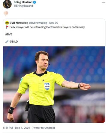 Erling Braut Haaland, jugador del Borussia Dortmund, publicó un mensaje en Twitter tras la derrota ante el Bayern de Múnich.