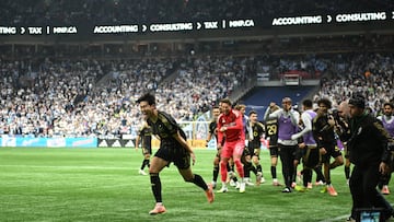 Nov 22, 2025; Vancouver, British Columbia, CAN; Los Angeles FC forward Son Heung-Min (7) celebrates scoring against Vancouver Whitecaps FC goalkeeper Yohei Takaoka (1) during the second half at BC Place. Mandatory Credit: Anne-Marie Sorvin-Imagn Images