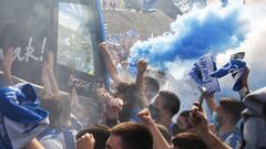 Real Sociedad fans cheer the team on their way down to Seville for the Copa del Rey final.
