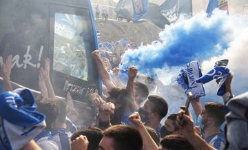 Real Sociedad fans cheer the team on their way down to Seville for the Copa del Rey final.
