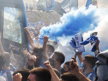 Real Sociedad fans cheer the team on their way down to Seville for the Copa del Rey final.
