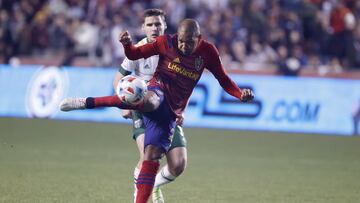 Nov 3, 2021; Sandy, Utah, USA; Real Salt Lake midfielder Everton Luiz (25) takes a shot on goal in the first half against the Portland Timbers at Rio Tinto Stadium. Mandatory Credit: Jeffrey Swinger-USA TODAY Sports