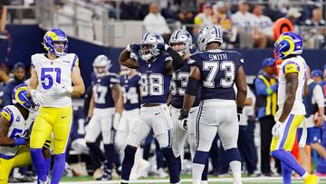 ARLINGTON, TEXAS - OCTOBER 29: CeeDee Lamb #88 of the Dallas Cowboys celebrates a reception for a first down in the first half of a game against the Los Angeles Rams at AT&T Stadium on October 29, 2023 in Arlington, Texas.   Ron Jenkins/Getty Images/AFP (Photo by Ron Jenkins / GETTY IMAGES NORTH AMERICA / Getty Images via AFP)