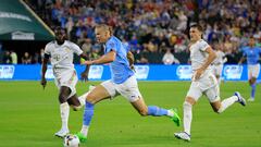 Erling Haaland of Manchester City makes a break during the pre-season friendly match between Bayern Munich and Manchester City at Lambeau Field on July 23, 2022 in Green Bay, Wisconsin.