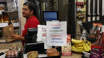 The display in a store shows the Mega Millions lottery jackpot at $1.55 billion in the Queens borough of New York City, U.S., August 7, 2023.  REUTERS/Shannon Stapleton