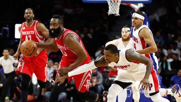 AUBURN HILLS, MI - NOVEMBER 21: James Harden #13 of the Houston Rockets drives around Kentavious Caldwell-Pope #5 of the Detroit Pistons during the second half at the Palace of Auburn Hills on November 21, 2016 in Auburn Hills, Michigan. Houston won the game 99-96. NOTE TO USER: User expressly acknowledges and agrees that, by downloading and or using this photograph, User is consenting to the terms and conditions of the Getty Images License Agreement. Gregory Shamus/Getty Images/AFP
== FOR NEWSPAPERS, INTERNET, TELCOS & TELEVISION USE ONLY ==