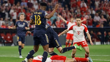 Bayern Munich's German midfielder #42 Jamal Musiala is fouled giving away a penalty during the UEFA Champions League semi-final first leg football match between FC Bayern Munich and Real Madrid CF on April 30, 2024 in Munich, southern Germany. (Photo by Michaela STACHE / AFP)