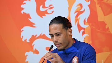 Netherlands' defender Virgil van Dijk gives a press conference at the Qatar University Training Site 6 in Doha on December 7, 2022, during the Qatar 2022 World Cup football tournament. - Netherlands and Argentina will meet in one of the Qatar 2022 World Cup quarter-finals on December 9. (Photo by Alberto PIZZOLI / AFP)