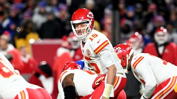 Jan 21, 2024; Orchard Park, New York, USA; Kansas City Chiefs quarterback Patrick Mahomes (15) reacts in the first half against the Buffalo Bills for the 2024 AFC divisional round game at Highmark Stadium. Mandatory Credit: Mark Konezny-USA TODAY Sports