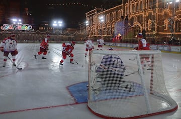 Vladimir Putin took part in the traditional Christmas day ice hockey exhibition match in Red Square and led his side to victory, scoring eight times in an 8-5 victory, according to the Associated Press and Reuters, although the Kremlin match report credit