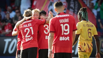 Rennes' players celebrate after scoring a goal during the French L1 football match between Stade Rennais FC and FC Metz at The Roazhon Park Stadium in Rennes, western France, on August 13, 2023. (Photo by LOU BENOIST / AFP)