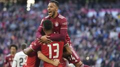 Bayern&#039;s Eric Maxim Choupo-Moting, front, celebrates with Bayern&#039;s Corentin Tolisso after scoring his side&#039;s third goal during the German Bundesliga soccer match between Bayern Munich and TSG 1899 Hoffenheim at the Allianz Arena stadium in 