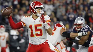 Oct 14, 2018; Foxborough, MA, USA; Kansas City Chiefs quarterback Patrick Mahomes (15) throws a pass against the New England Patriots in the first quarter at Gillette Stadium. Mandatory Credit: David Butler II-USA TODAY Sports