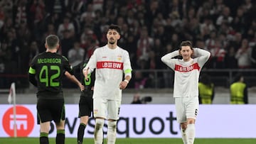 Stuttgart's German midfielder #06 Angelo Stiller (R) reacts at the end of the UEFA Europa League knockout round playoff second leg football match VfB Stuttgart v Celtic in Stuttgart, southern Germany, on February 26, 2026. (Photo by THOMAS KIENZLE / AFP)