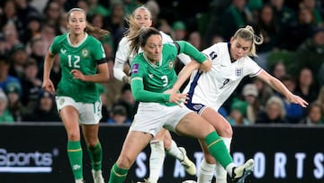 Ireland's defender #03 Megan Campbell (3L) and England's striker #09 Alessia Russo compete during the UEFA Women's Euro 2025 Qualifying League A group 3 football match between Ireland and England at the Aviva Stadium, in Dublin, on April 9, 2024. (Photo by Paul Faith / AFP)