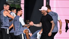 Inter Miami's co-owner David Beckham (R) greets Inter Miami's Argentine forward Lionel Messi prior to the Inter Miami CF training session at the Florida Blue Training Center next to DRV PNK Stadium in Fort Lauderdale, Florida, on July 24, 2023. Inter Miami CF will face Atlanta United in a Leagues Cup match on July 25, 2023. (Photo by CHANDAN KHANNA / AFP)