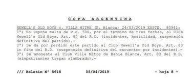 La AFA sancionó a Newell's por los incidentes en Unión