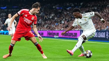 Vinicius le hace una bicicleta a Dedic en la segunda parte del partido del miércoles en el Bernabéu.