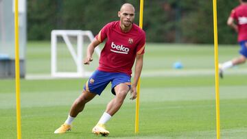 Braithwaite, en un entrenamiento con el Barça.