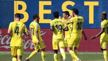 Villarreal&#039;s Gerard Moreno  celebrate after scoring the 2-0 goal with his teammate Villarreal&#039;s   Paco Alcacer    during Spanish La Liga match between Villarreal cf and Valencia CF  at La Ceramica stadium. In Villarreal on June 28, 2020.