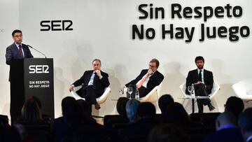 Barcelona President Josep Maria Bartomeu (L) speaks next to Real Madrid President Florentino Perez, Prisa President Juan Luis Cebrian and Juventus FC President Andrea Agnelli (L) during the presentation of a PRISA and UNESCO awarness campaign dubbed &quot;Sin respeto no hay juego&quot; (No respect no game) at Madrid Traje museum in Madrid on January 24, 2017 whose objective is to &quot;fight discrimination and racism in football in Spain and Latin America&quot;. / AFP PHOTO / GERARD JULIEN