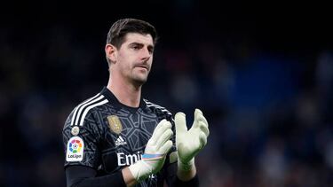 Thibaut Courtois of Real Madrid CF at full time during the La Liga match between Real Madrid and Atletico de Madrid played at Santiago Bernabeu Stadium on February 25, 2023 in Madrid, Spain. (Photo by Cesar Cebolla / Pressinphoto / Icon Sport)