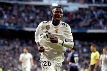 Vinicius Junior celebrates after his shot took a deflection off Kike to put Madrid ahead against Valladolid. Min.82