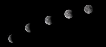 Fotocomposición de la evolución del eclipse de luna 2018 desde la localidad de Sant Elm, Palma de Mallorca, España. 